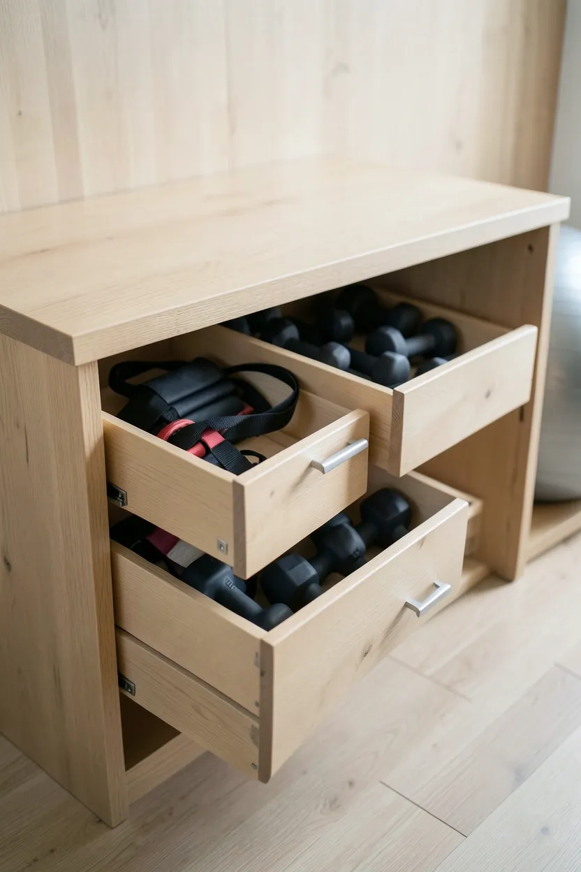 Console table with hidden drawers storing resistance bands and dumbbells serving as dual-purpose furniture and compact home gym in a small living room