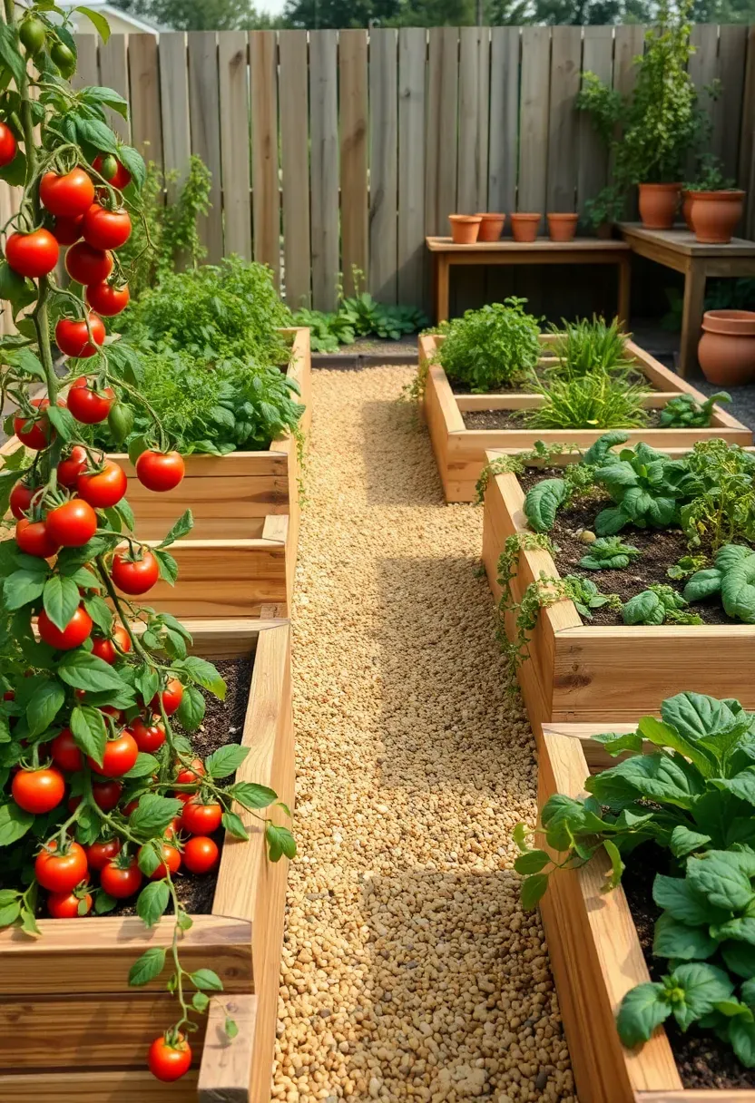 A backyard filled with raised wooden garden beds in rows, overflowing with tomatoes, herbs, and leafy greens, with gravel pathways between beds and a potting bench