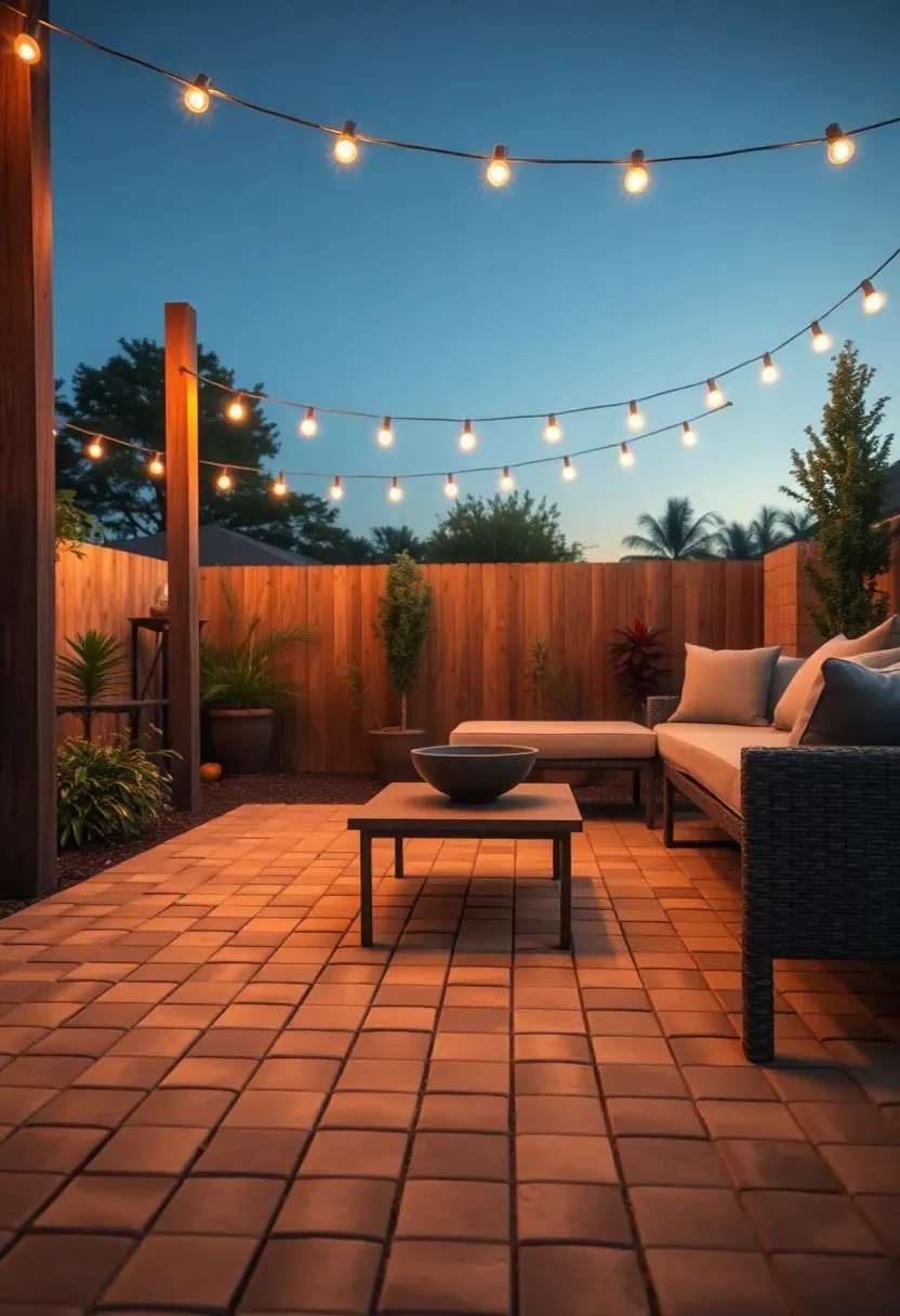 Basketweave paver pattern in warm tan tones on a backyard entertaining area with string lights above