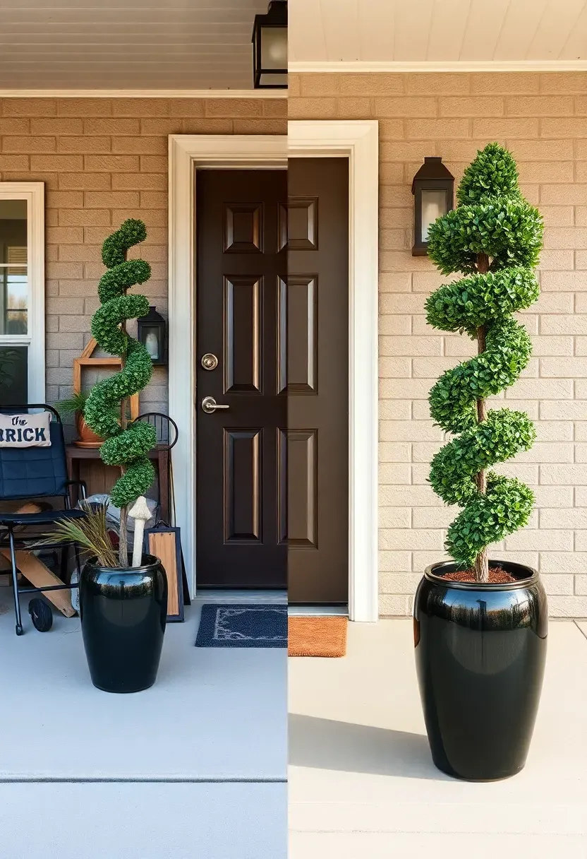 Before and after showing a ranch front door with mismatched porch decor versus symmetrical matched spiral topiary trees in black planters flanking the entrance