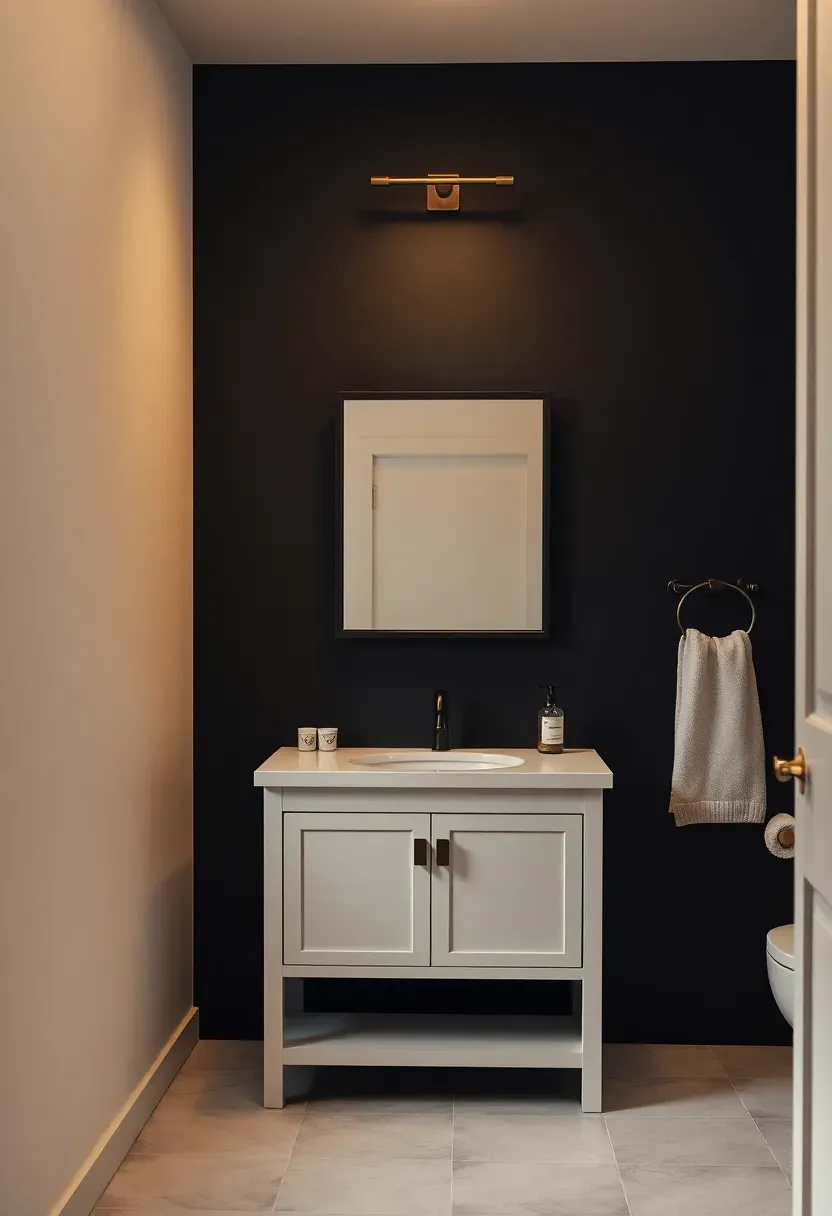 Black removable wallpaper accent wall behind a white vanity with brass mirror in a rental apartment bathroom