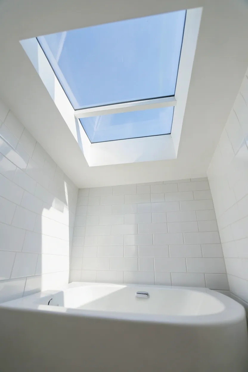 Rectangular skylight above a white freestanding tub casting natural light across subway tiles and brass fixtures in a calm modern bathroom