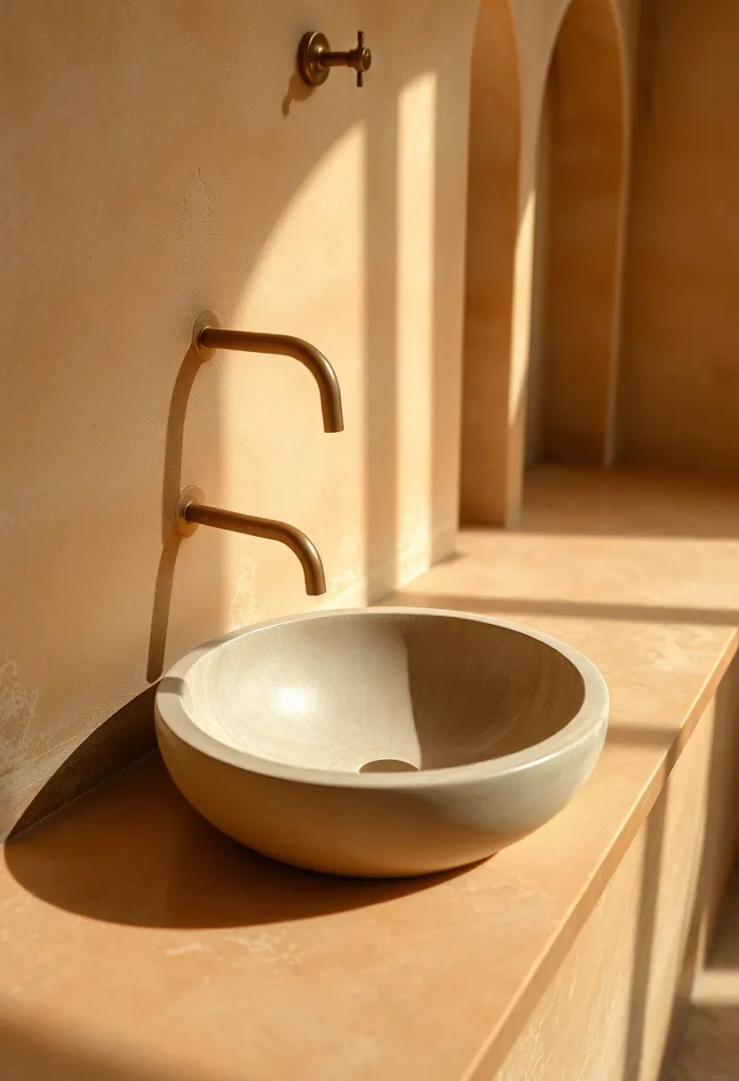 Venetian plaster bathroom countertop in a warm sandy tone with a smooth troweled finish and round basin
