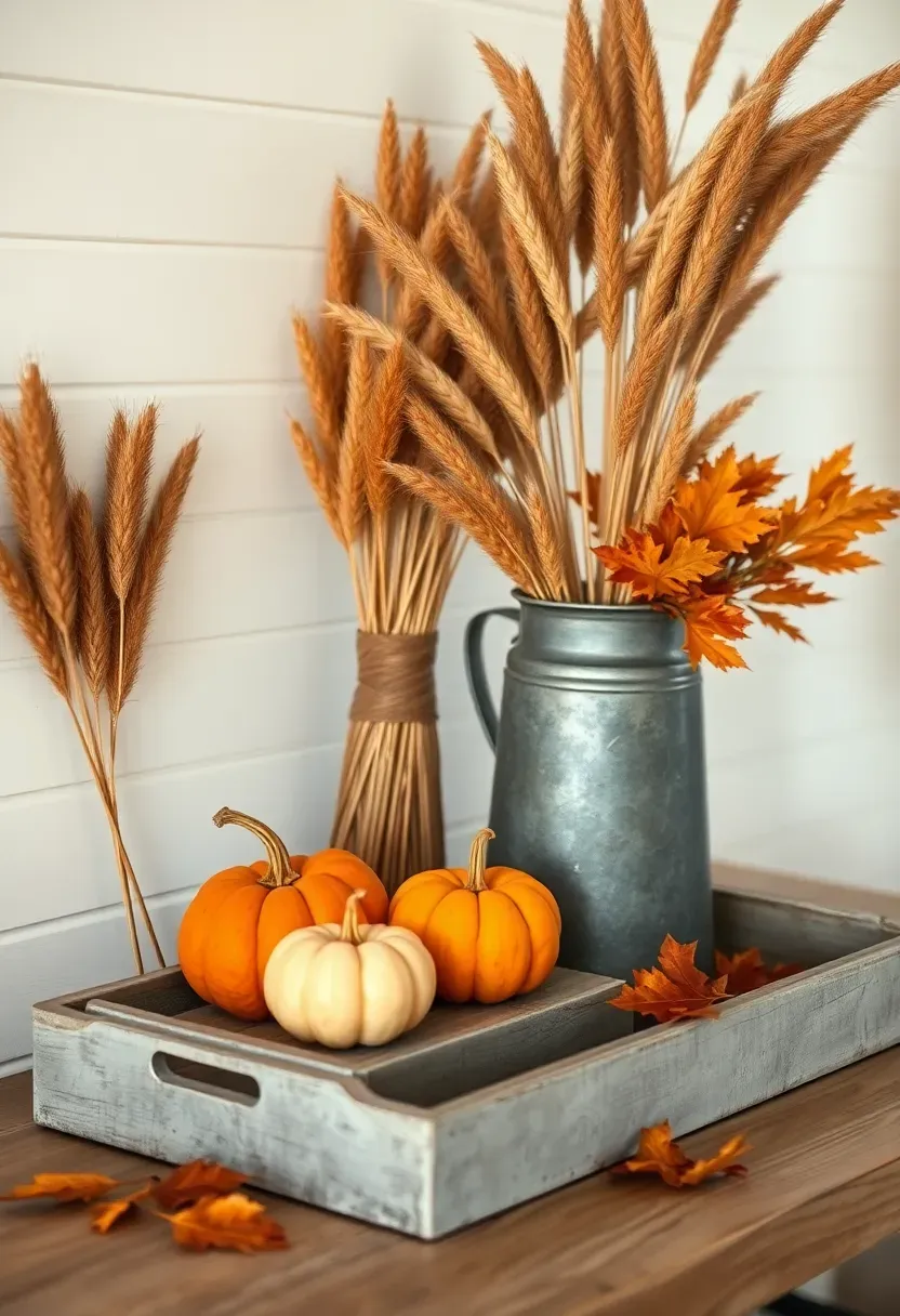 Farmhouse entryway decorated with seasonal elements: autumn wheat stalks, pumpkins, and fall foliage