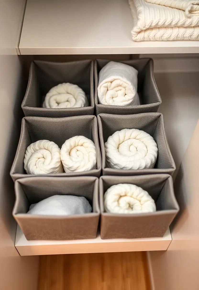 Fabric storage drawer inserts inside a bathroom closet shelf holding folded washcloths in neat compartments