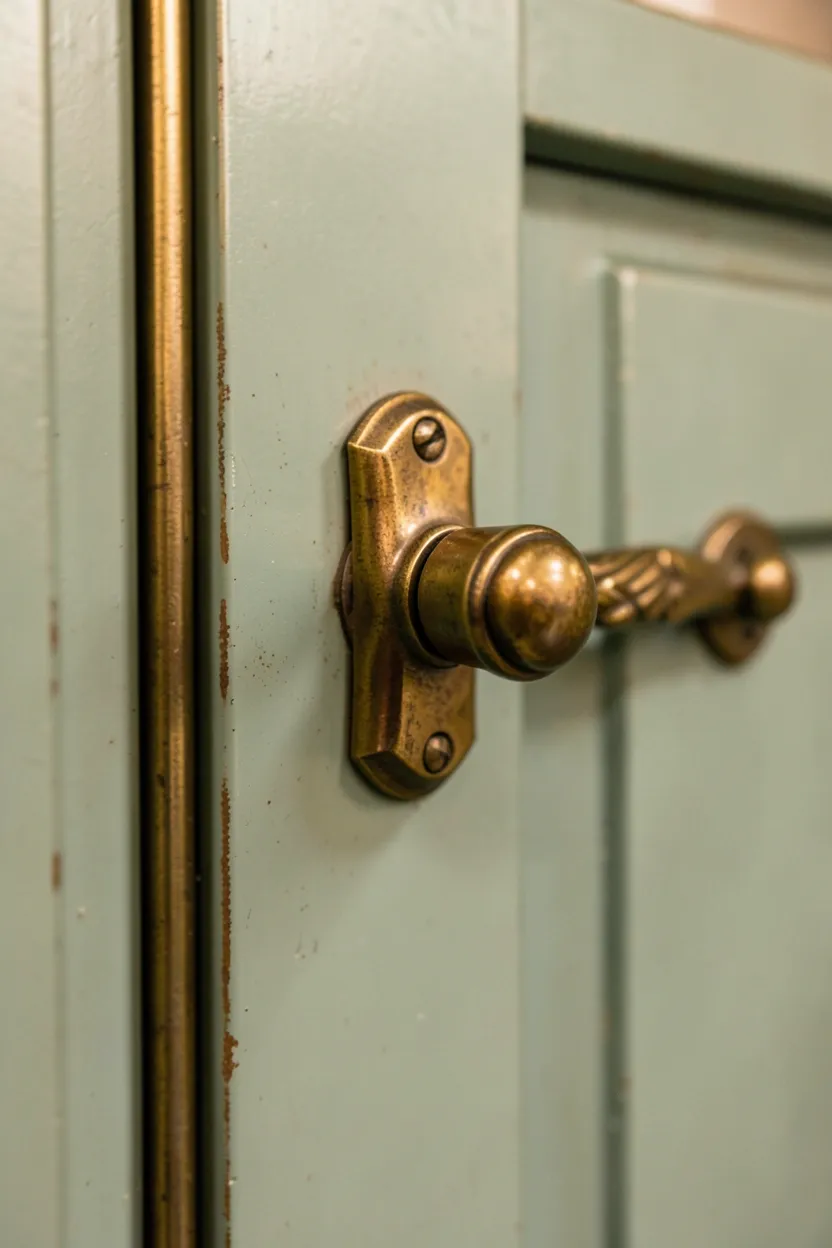 Antique brass cabinet pulls and knobs on sage green cabinetry adding warm vintage character to a modern boho kitchen