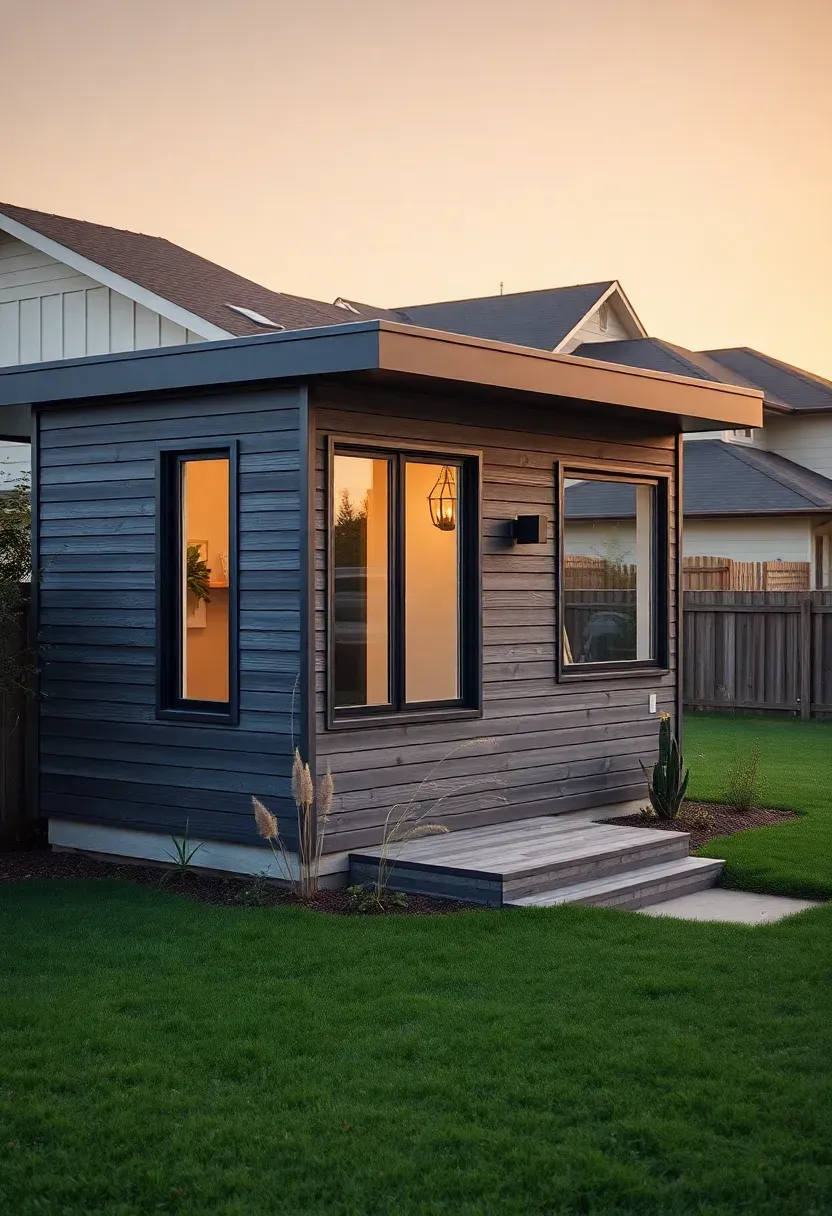 Hyper-realistic exterior view of modern backyard ADU, approximately 400 square feet, separate from main house visible in background. Contemporary design with flat roof, large windows, wood siding, small covered entry, simple landscaping. Residential backyard setting with lawn and fences. Golden hour light creating warm atmosphere. Residential architectural mood. Sharp details showing relationship to main house. No text, no logos, no watermarks.</p>
