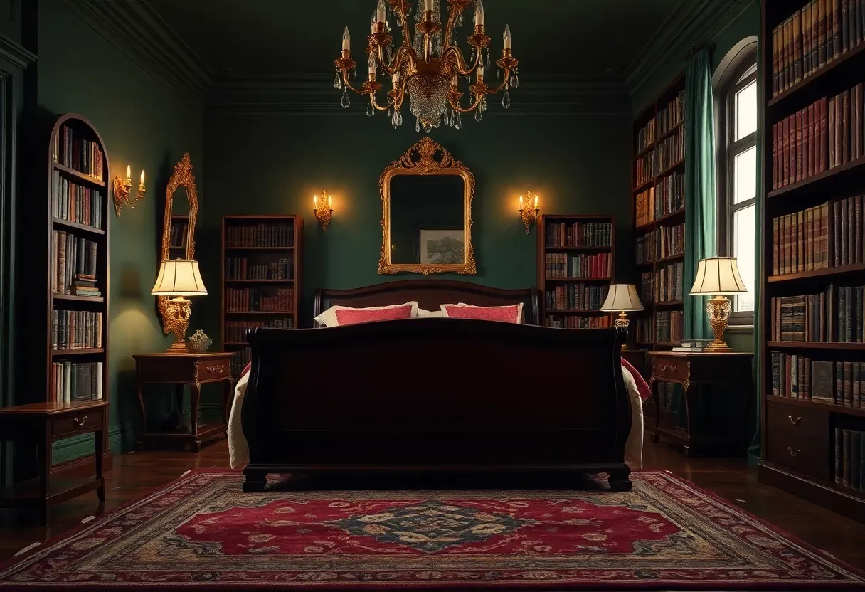 Dark Academia Bedroom with Rich Wood Tones and Vintage Books