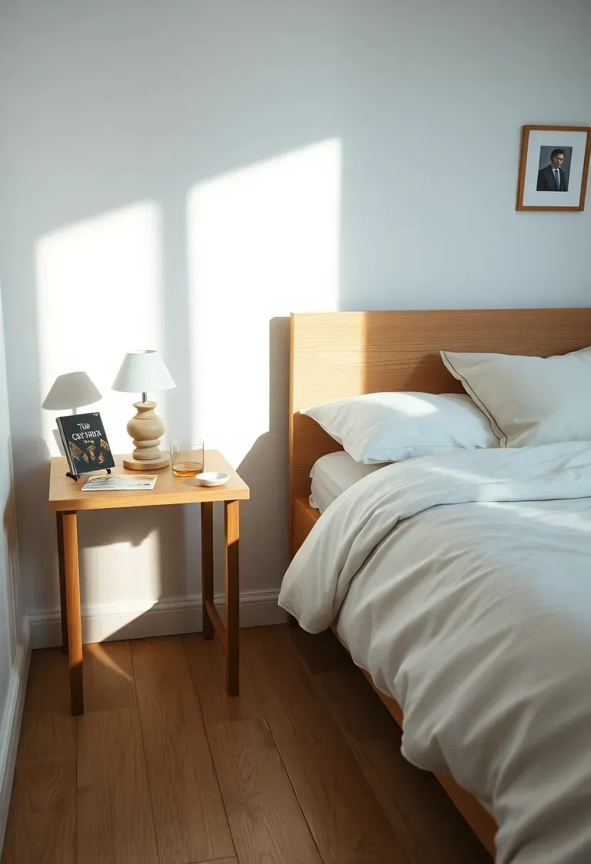 Hyper-realistic 3/4 view of a simplified bedroom corner showing a small wooden bedside table with single lamp, one book, glass of water, and small dish for jewelry. Made bed with neutral bedding, one throw pillow. Light oak flooring, white walls with one small framed photograph. Soft morning light creating peaceful atmosphere. Visible floor space around bed, no visible clutter. Materials: light oak wood, white bedding, ceramic lamp, glass. Serene minimalist bedroom aesthetic. Architectural Digest photography style. No text, no logos, no watermarks.</p>