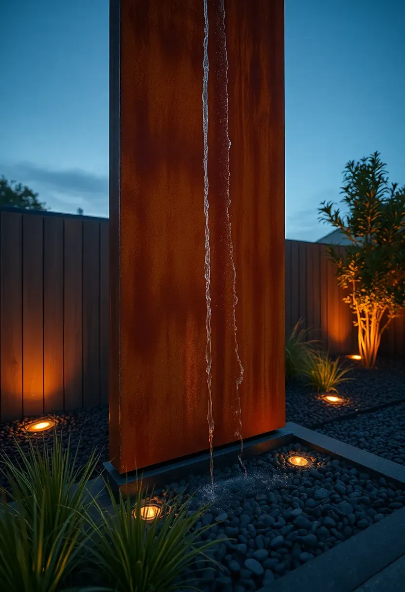 Weathered corten steel waterfall blade with rust-orange patina and water sheeting down into a dark pebble basin at dusk