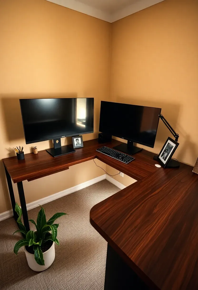 L-shaped corner desk with two monitors, desk organizer, framed photo and floor-standing snake plant in warm ambient light