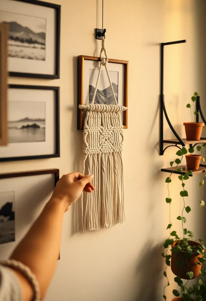 Hands mounting a small ceramic wall-hanging beside framed prints in a gallery arrangement — a macramé wall piece and a small metal bracket shelf with a trailing plant also visible in the composition