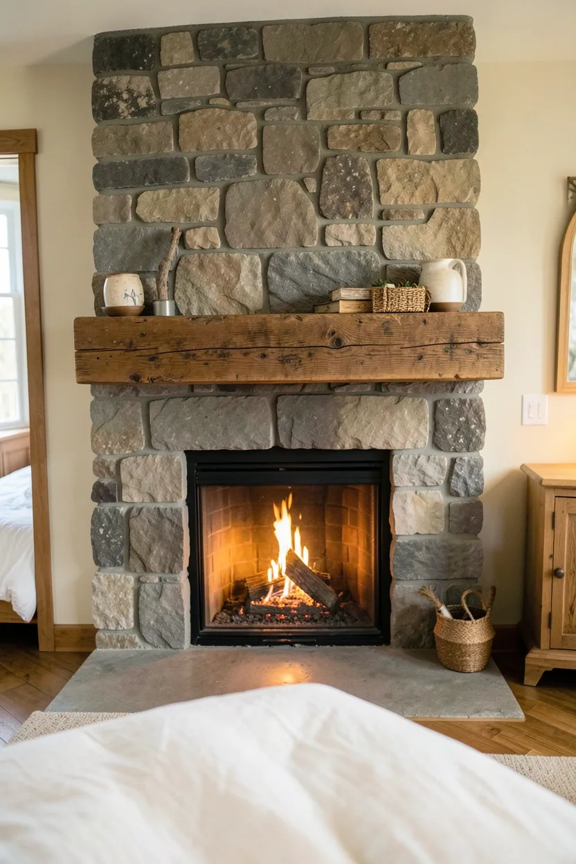 Hyper-realistic eye-level photograph of rustic bedroom featuring stone fireplace with thick wooden mantel. Natural fieldstone surround in gray and tan tones, distressed oak mantel with small decor items, bed visible in background, warm glow from fireplace, cream walls. Materials: natural fieldstone, distressed oak mantel, pine furniture, white bedding. Warm ambient firelight glow, cozy rustic atmosphere. Shallow depth of field, sharp details on stone texture and mantel wood grain, balanced composition showing fireplace and room. No text, no logos, no watermarks.</p>