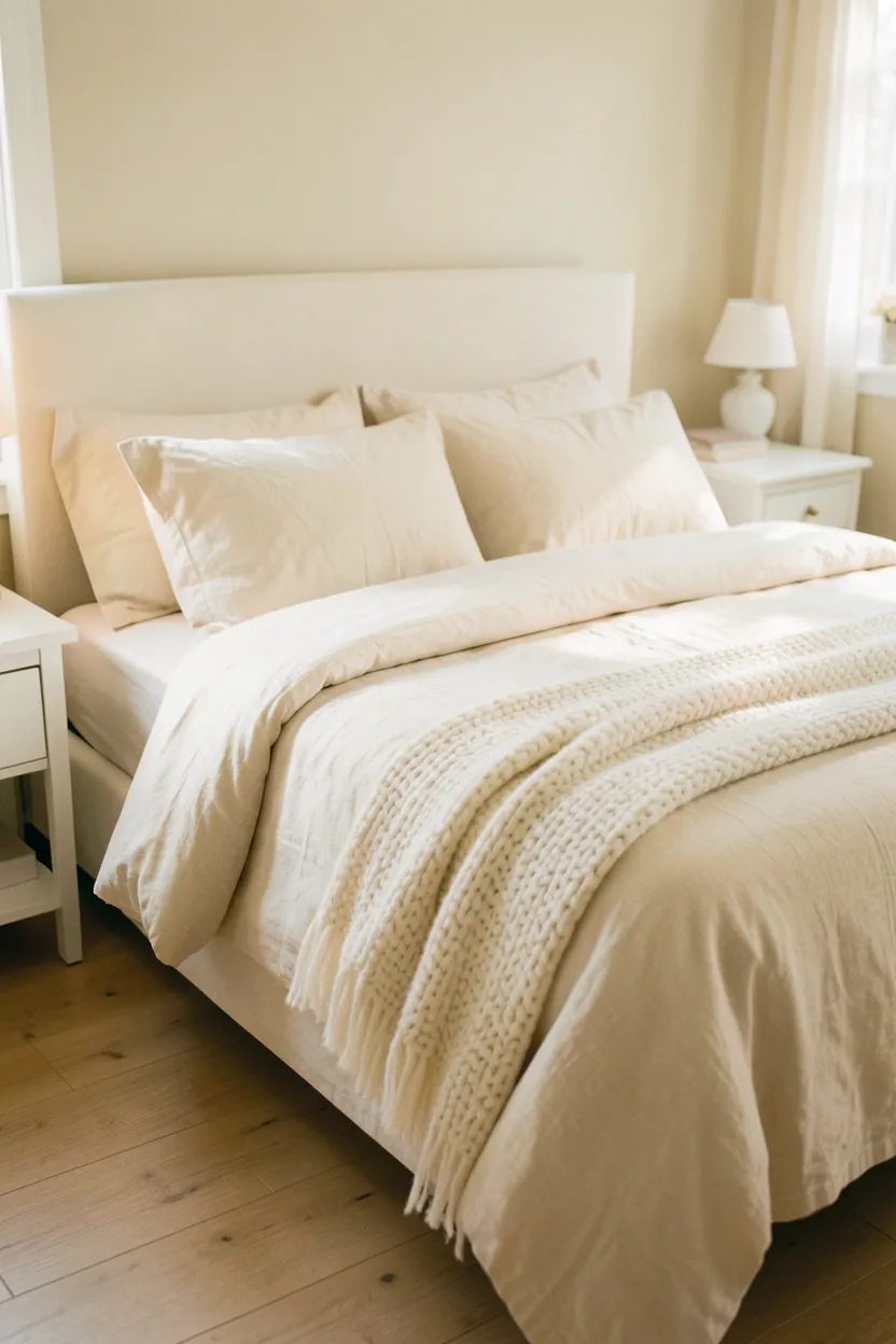 Warm cream and unbleached linen bedroom with soft ivory bedding, wooden bench, and natural morning light — cozy white bedroom rental