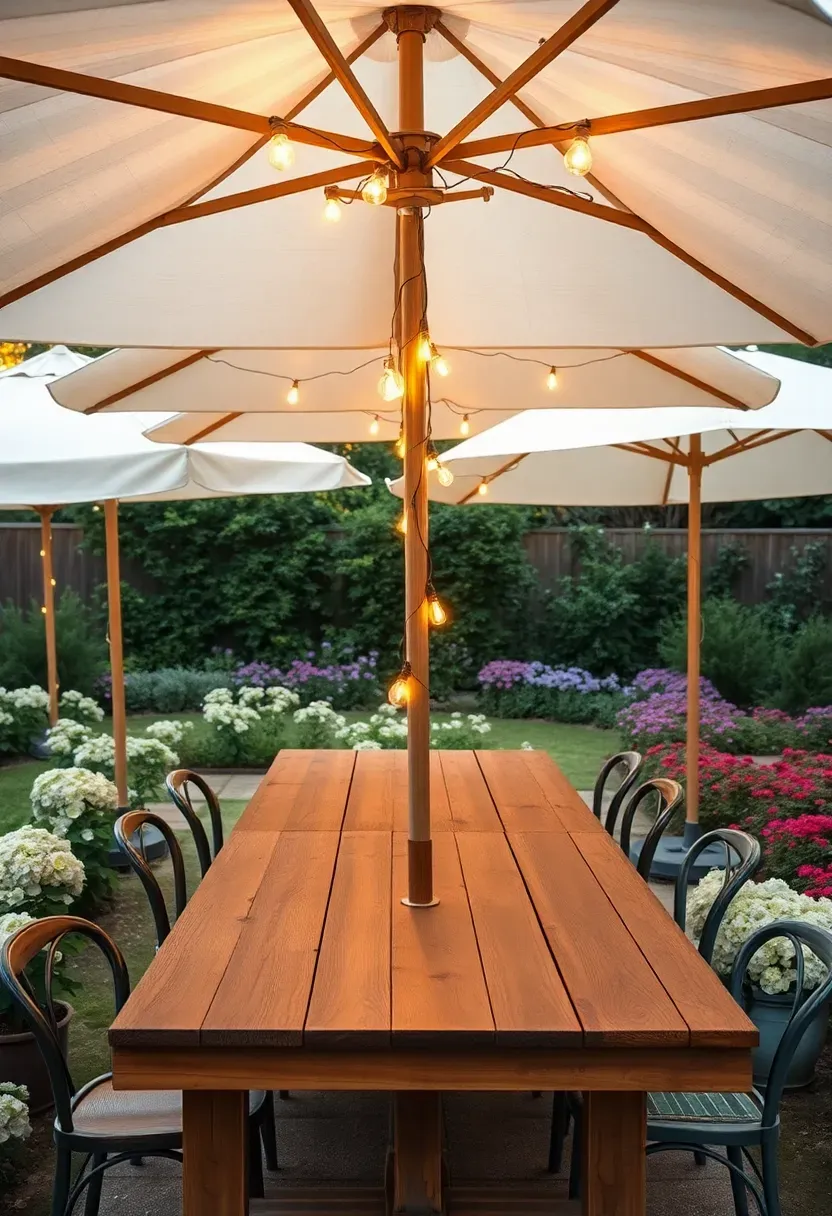 Cluster of white market umbrellas shading an outdoor dining area with string lights and lush garden borders