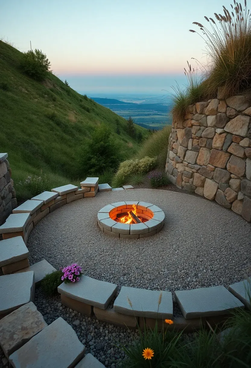 A terraced hillside firepit area with stone retaining walls and native wildflower plantings on the slope