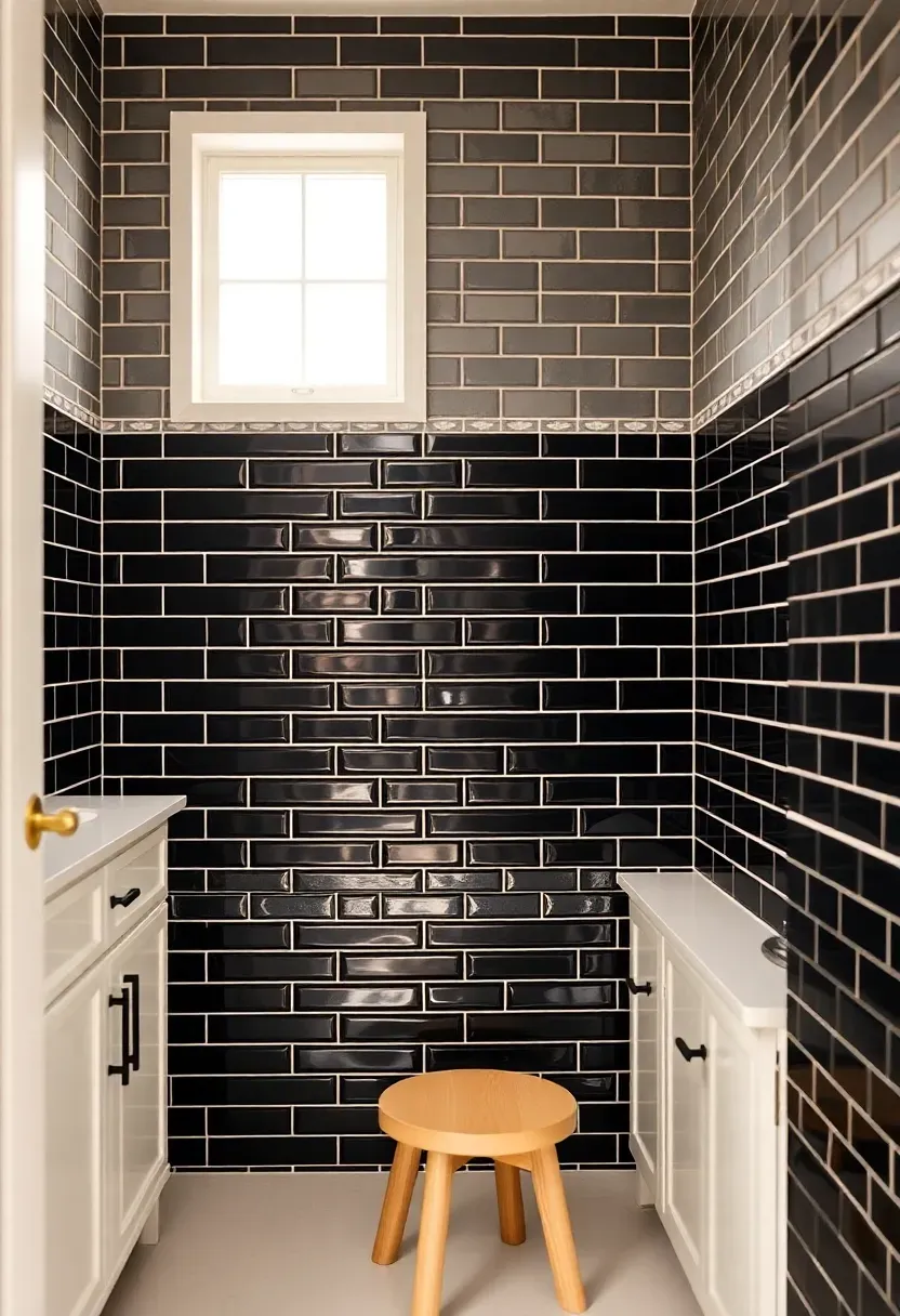 Black and white hexagonal geometric floor tiles in a compact apartment bathroom creating a modern graphic pattern