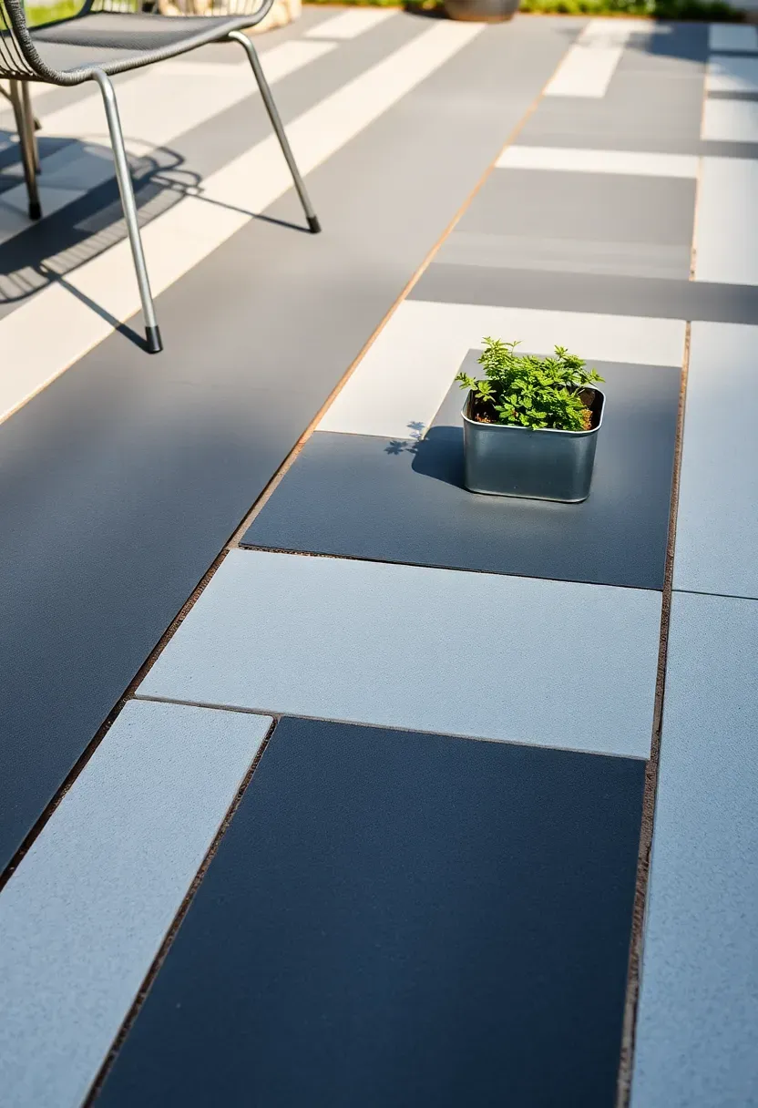 Two-tone paver patio in charcoal and light gray with alternating bands creating a striped effect