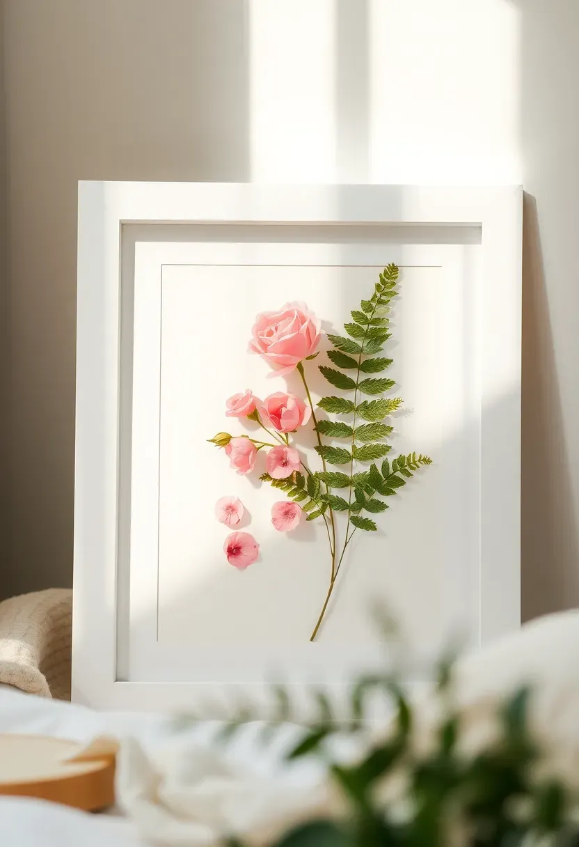 Pressed flower framed wall art grouping in a teen bedroom with dried botanicals on white backgrounds in thin gold frames