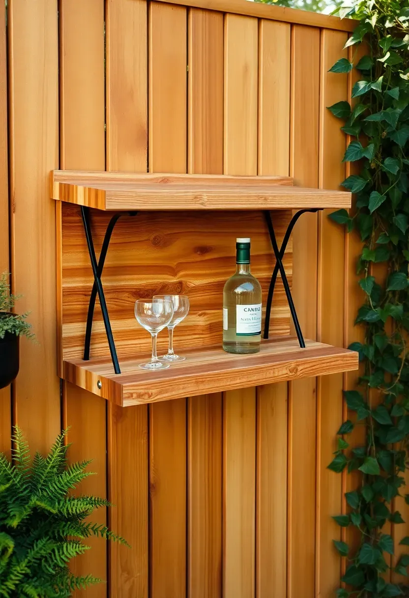 Wall-mounted fold-down bar shelf attached to a wooden fence with hinges, bottles and glasses on top, compact backyard space with plants