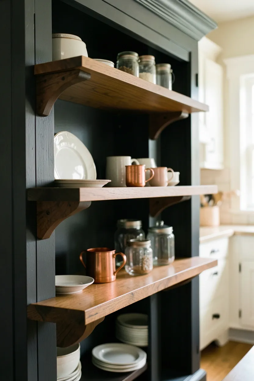Open Shelving With Dark Wood Brackets