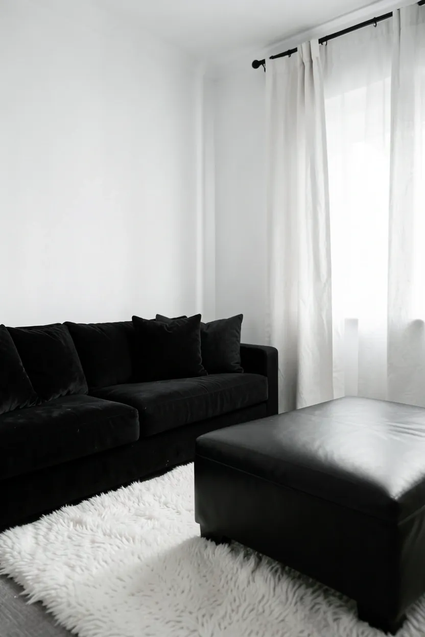 Black and white minimalist living room layering velvet cushions, wool rug, and linen drapes for tactile warmth in a rental apartment