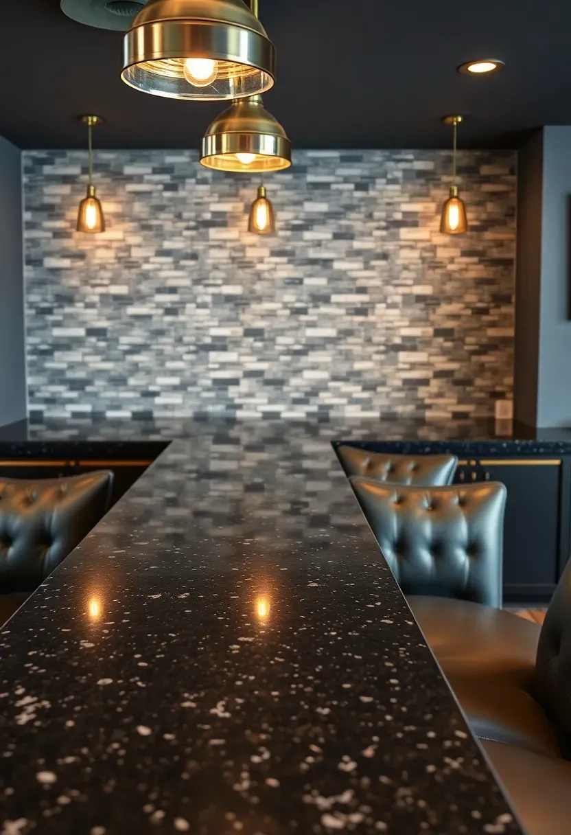 L-shaped basement bar with granite countertop, six padded bar stools, pendant lighting, and a tiled backsplash behind the service area