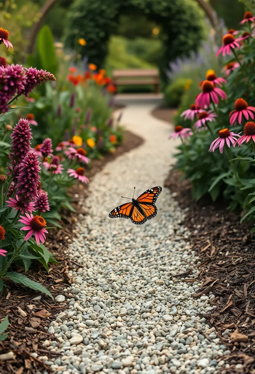 A winding backyard pathway bordered by pollinator-friendly flowers including bee balm, echinacea, and butterfly bush in a naturalistic planting style