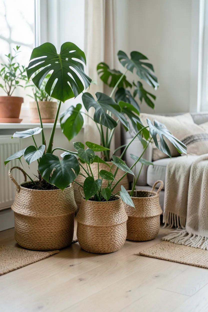 Group of potted plants in seagrass and jute baskets near a bright window — monstera, pothos, and snake plant arranged in a cozy boho rental living room