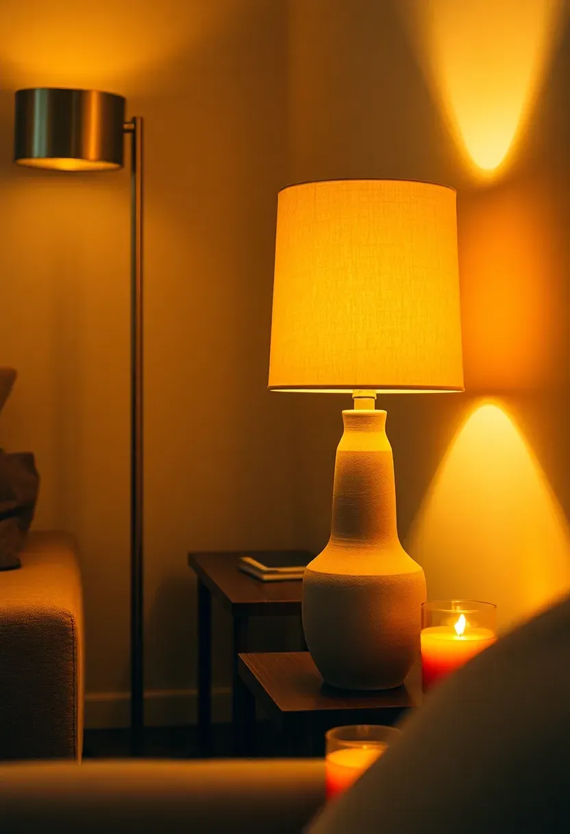 Three layers of lighting — overhead, task, and accent — creating warmth and depth in a living room