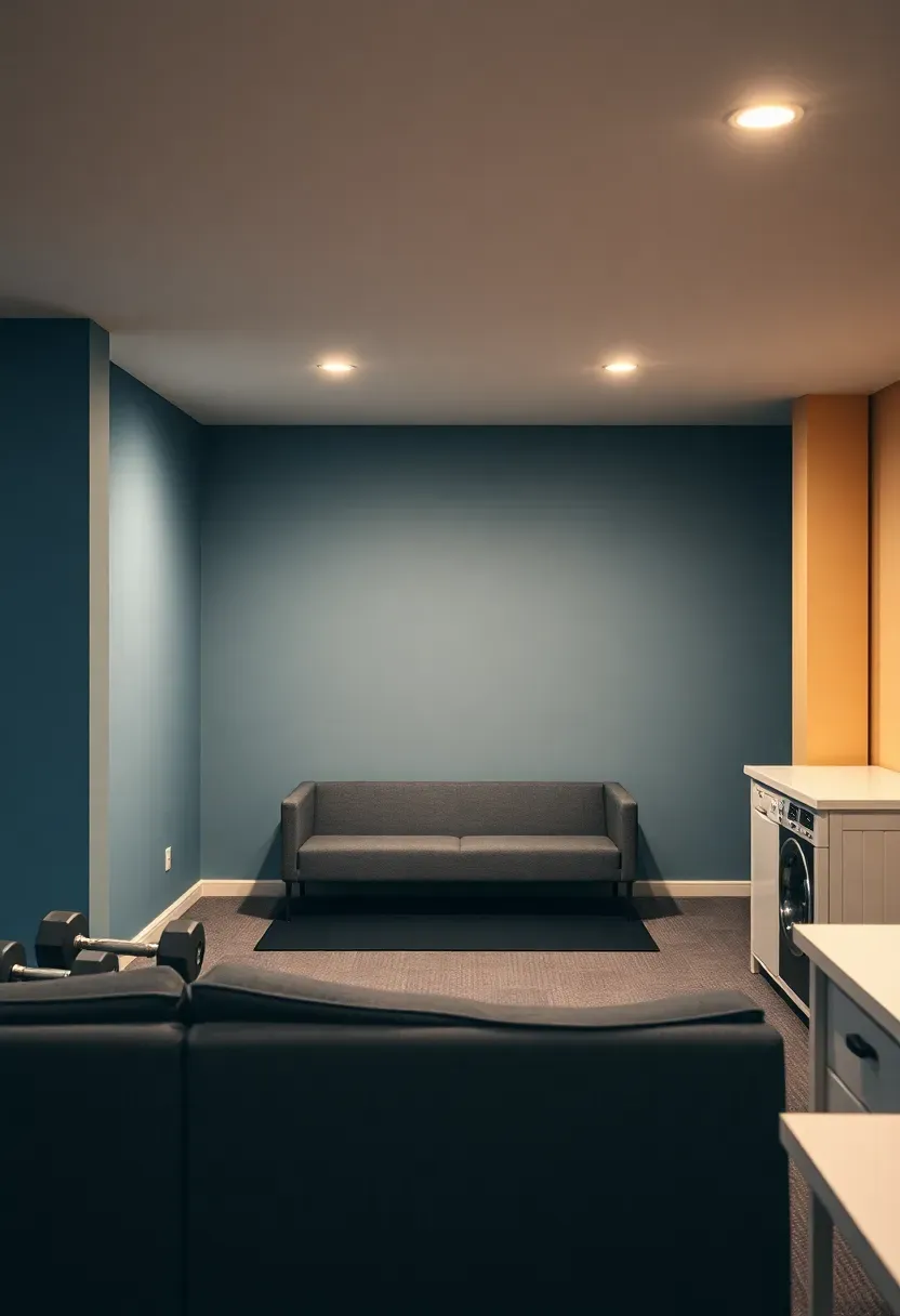 Open plan basement with color-blocked paint zones defining a living area in blue and a workout corner in gray