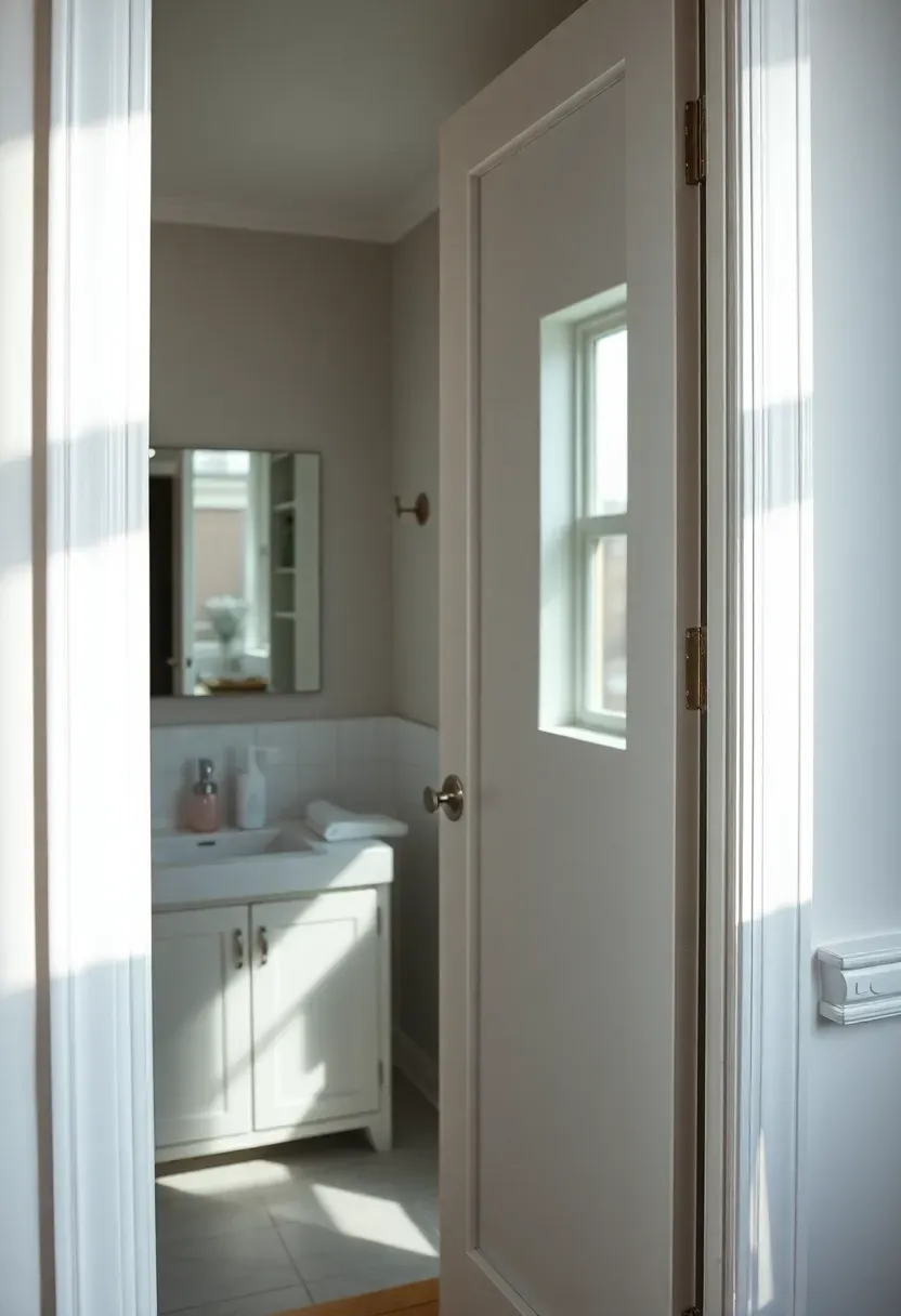 Mirrored bathroom closet door reflecting the room with hidden shelves visible from the side