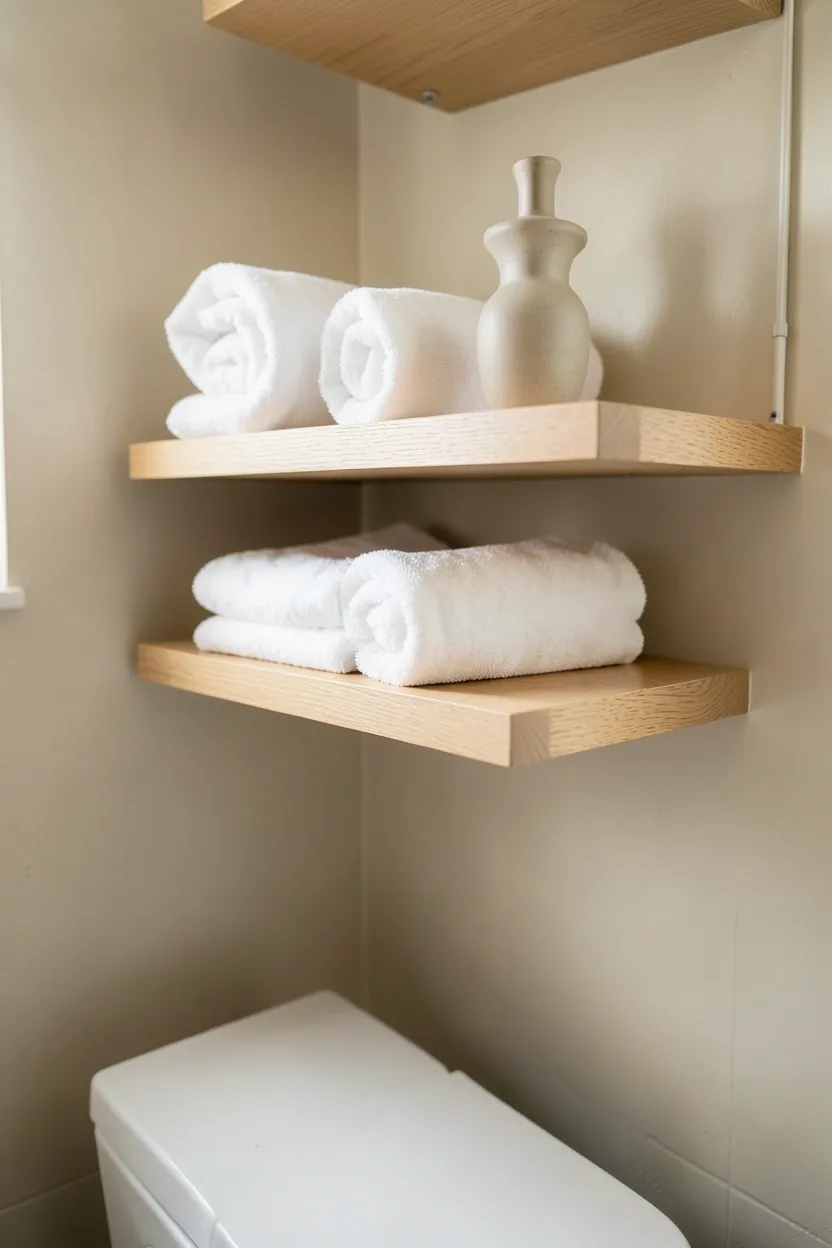 Light oak floating shelves above a toilet holding neatly rolled white towels and small plants in a modern bathroom