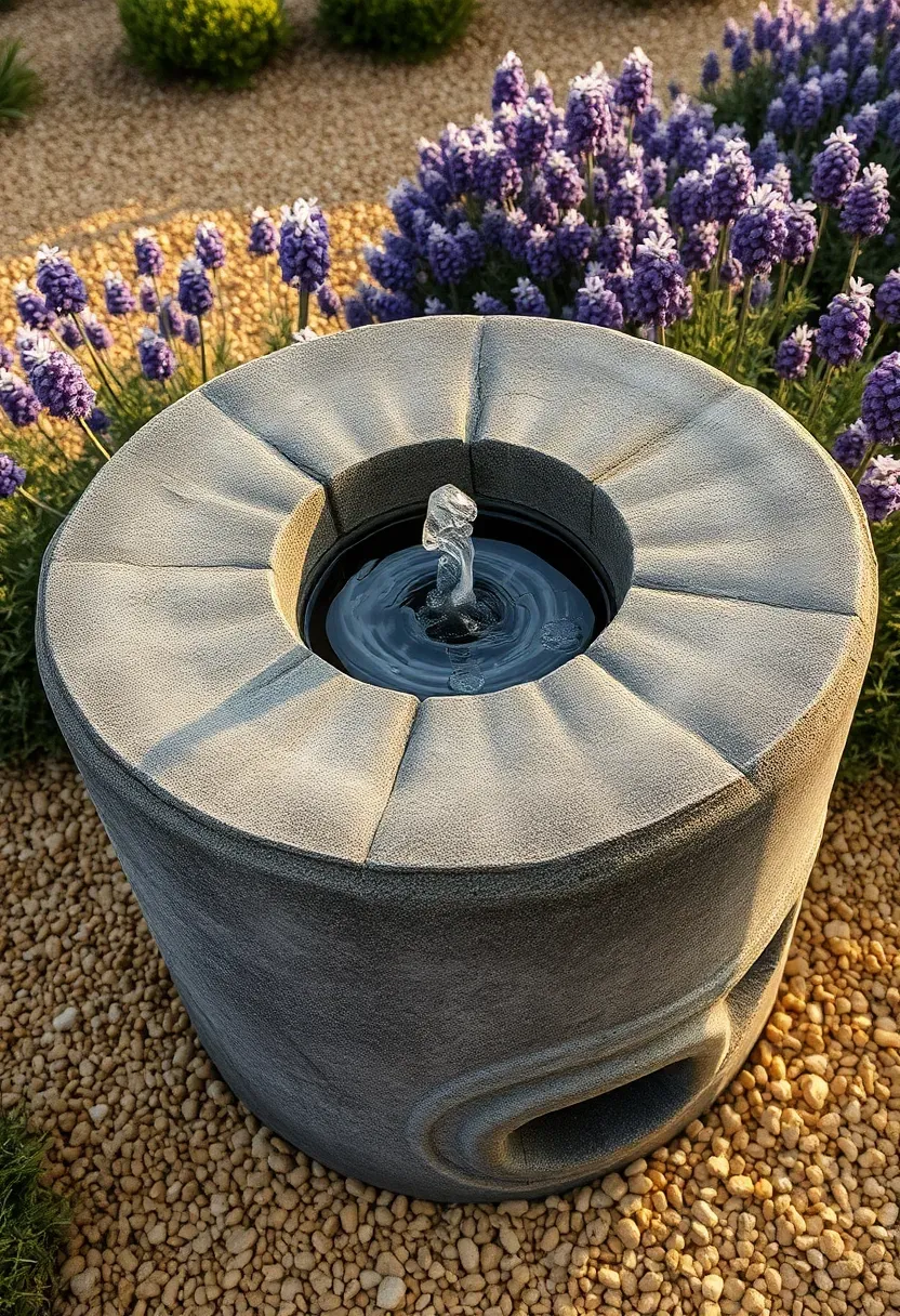 An old millstone with water bubbling up through the center hole set on a gravel bed surrounded by lavender plants