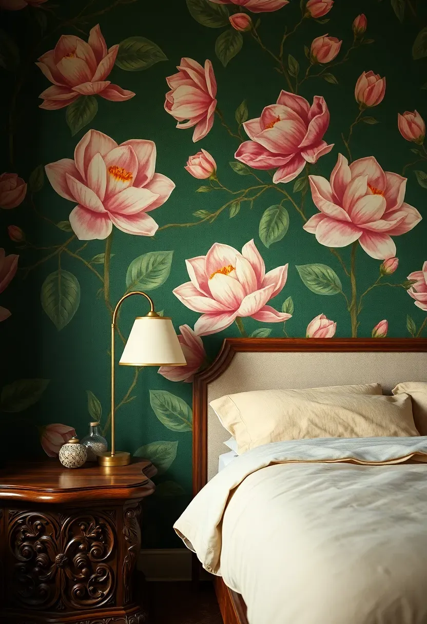 Art Nouveau botanical wallpaper mural with oversized floral vines covering an entire wall