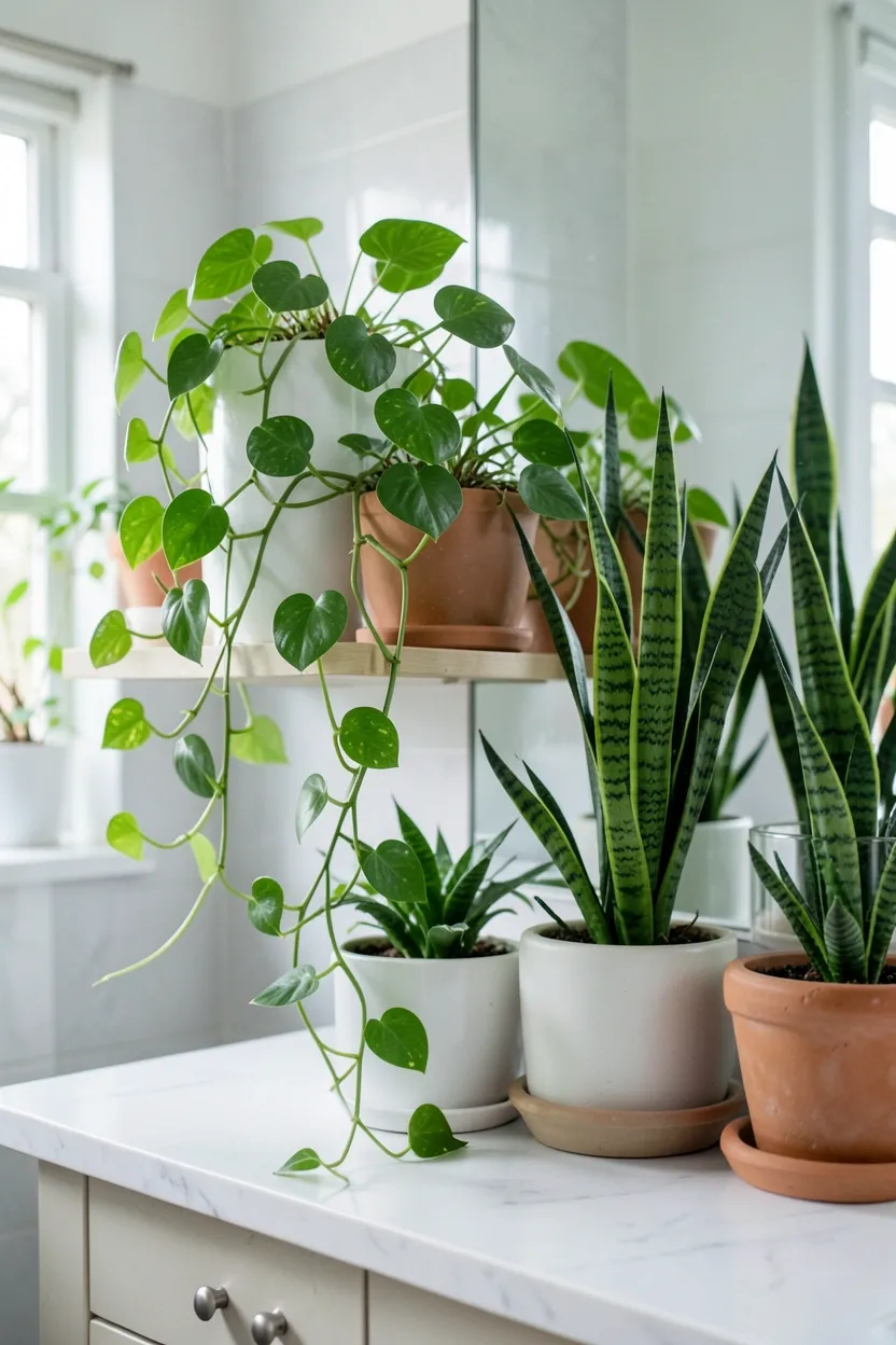 Pothos and snake plant in ceramic pots on a rental bathroom windowsill — affordable green decor that thrives in bathroom humidity