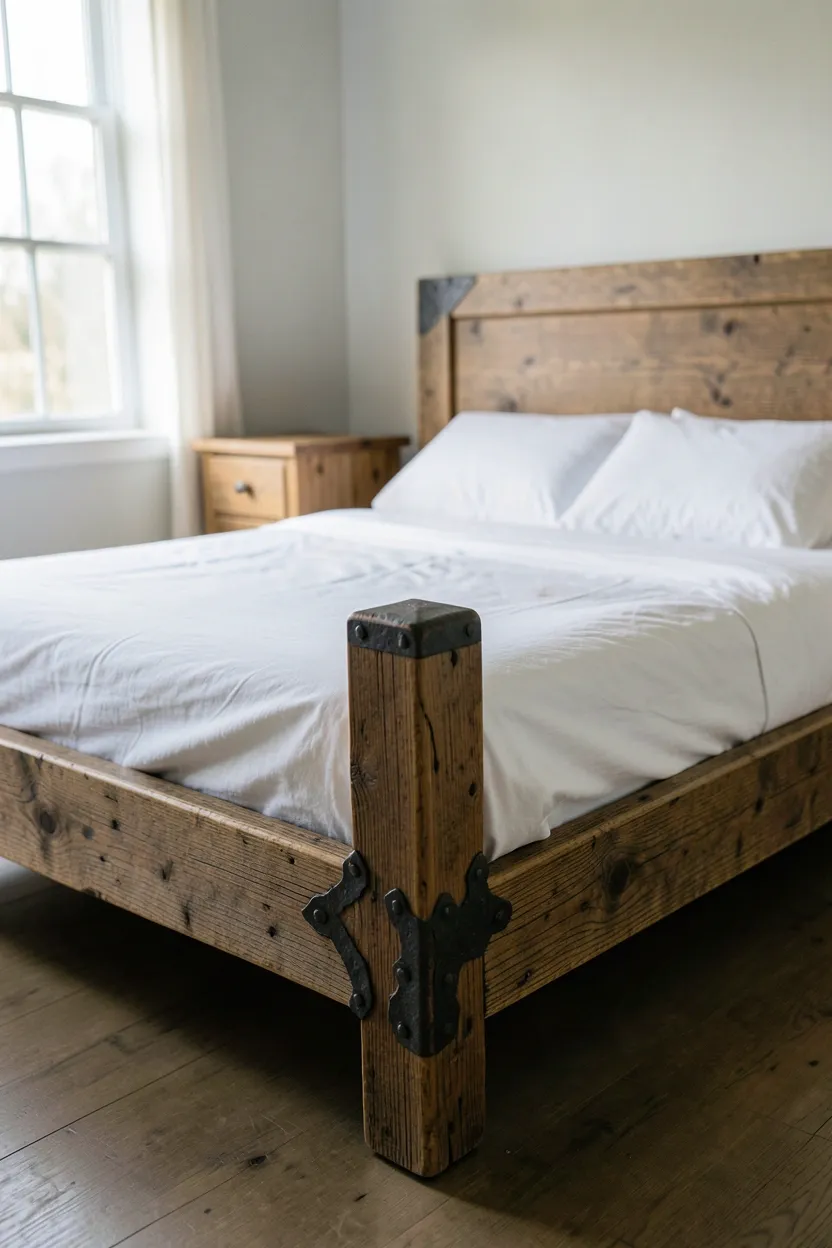Hyper-realistic eye-level photograph of rustic wooden bed frame in king size with iron corner details and bedposts. Distressed oak wood frame with visible grain, wrought iron brackets at corners, white linen bedding, two wooden nightstands, natural light from window. Materials: distressed oak wood frame, wrought iron details, white linen bedding, pine nightstands. Natural morning light, sturdy authentic atmosphere. Shallow depth of field, sharp details on wood grain and ironwork, balanced composition showing bed frame and details. No text, no logos, no watermarks.</p>