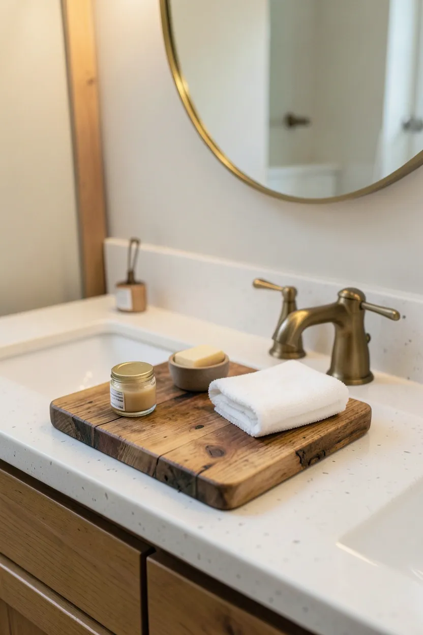 Tempered glass shelf with brushed brass brackets above bathroom vanity holding a small plant and soap dispenser, airy light-maximizing storage