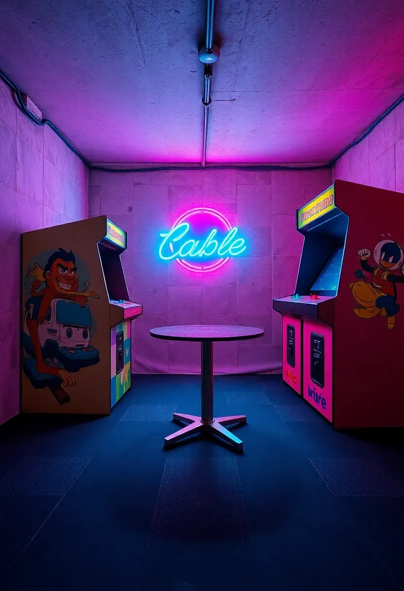 retro arcade machines in a basement corner with neon signs and dark carpet flooring