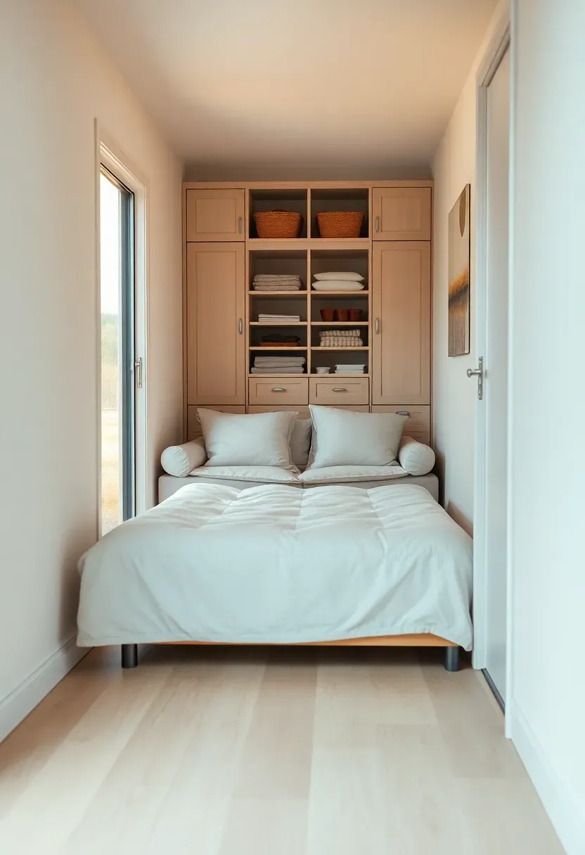 Hyper-realistic 3/4 view of a tiny house that looks freshly reset and tidy, cleared surfaces, folded bed or table, everything in place. Materials: white oak floor, matte white walls, linen sofa, organized closed storage. Warm diffused evening light, creamy neutrals with peaceful calm. Mood: reset, calm, intentional. Shallow depth of field, sharp details, balanced composition, soft shadows, visible room context. No text, no logos, no watermarks.</p>