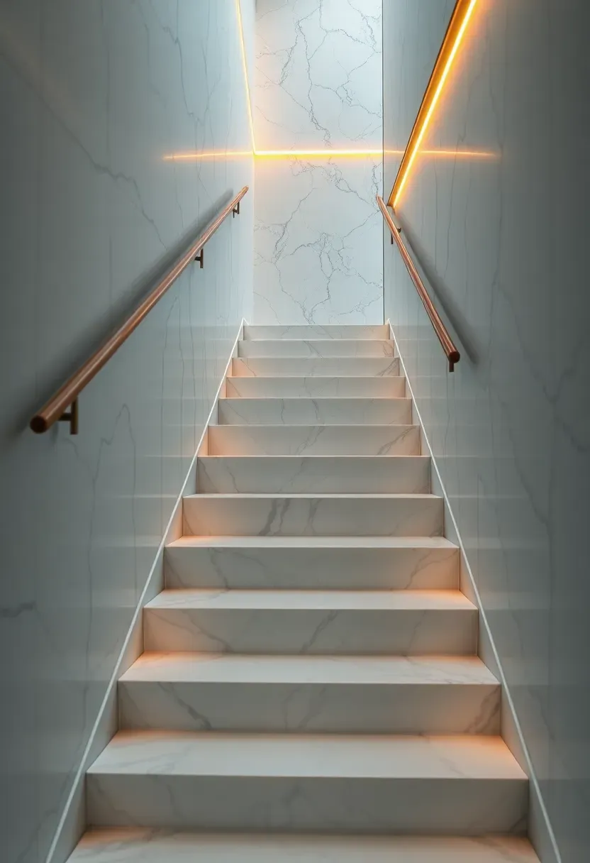 Luxury duplex staircase with book-matched Calacatta marble treads and risers, polished stainless steel cable balustrade, and LED step-edge lighting