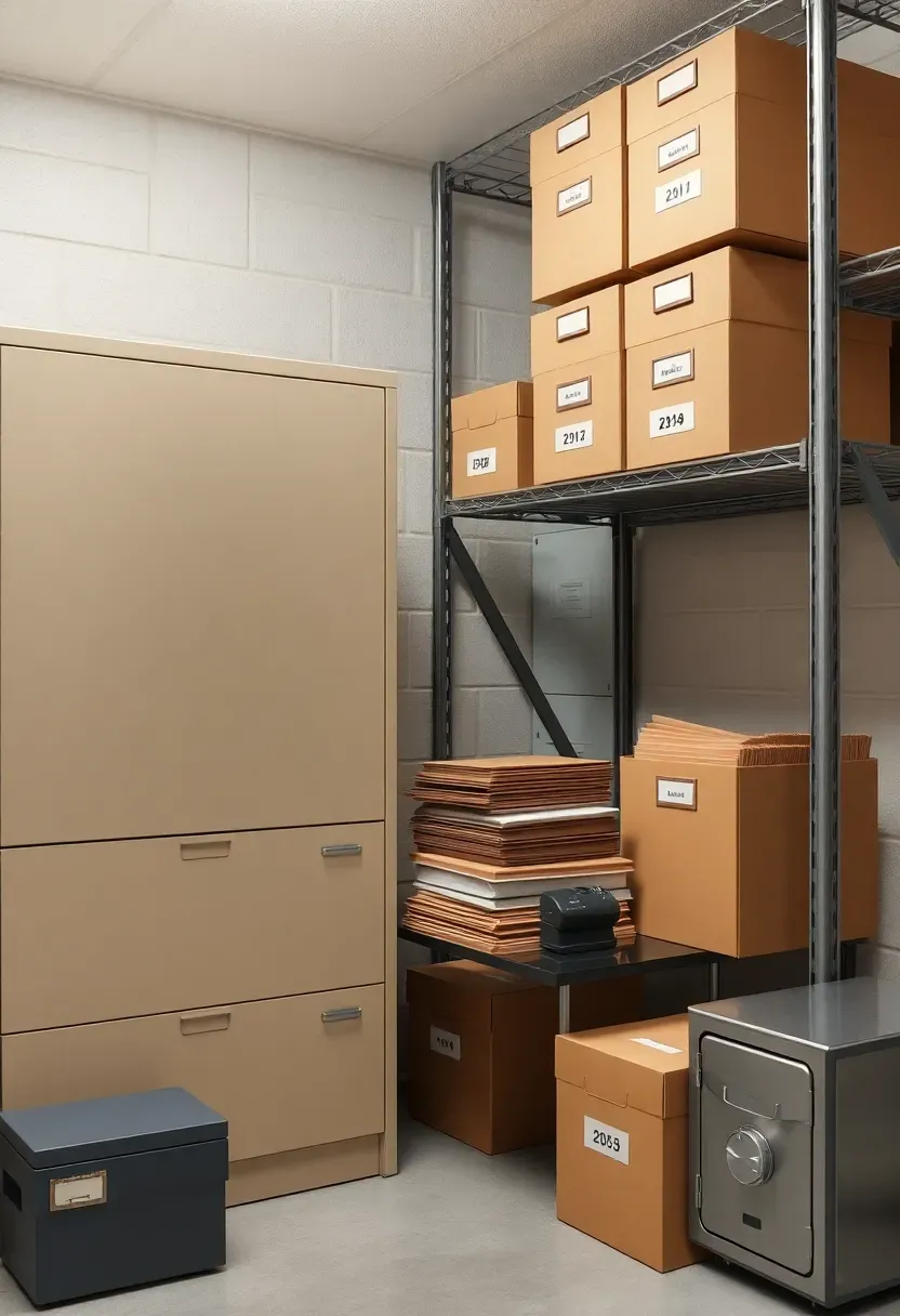 Metal file cabinet and archive boxes neatly arranged on a basement shelf with a label maker and folders on the adjacent table