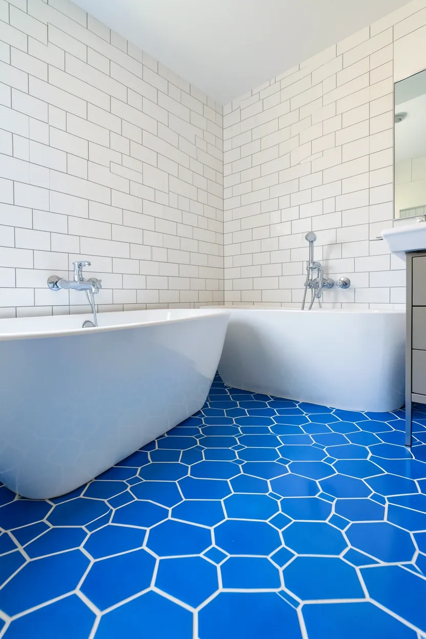 Hyper-realistic eye-level photograph of a modern colorful bathroom floor showing vibrant blue geometric hexagon tiles with white grout, white subway tile walls with white grout, white freestanding tub, chrome fixtures. Natural light. Materials: vibrant blue ceramic hexagon tiles, white grout, white ceramic tiles, porcelain tub, chrome fixtures. Vibrant blue geometric floor pattern. Clean modern aesthetic. No text, no logos, no watermarks.