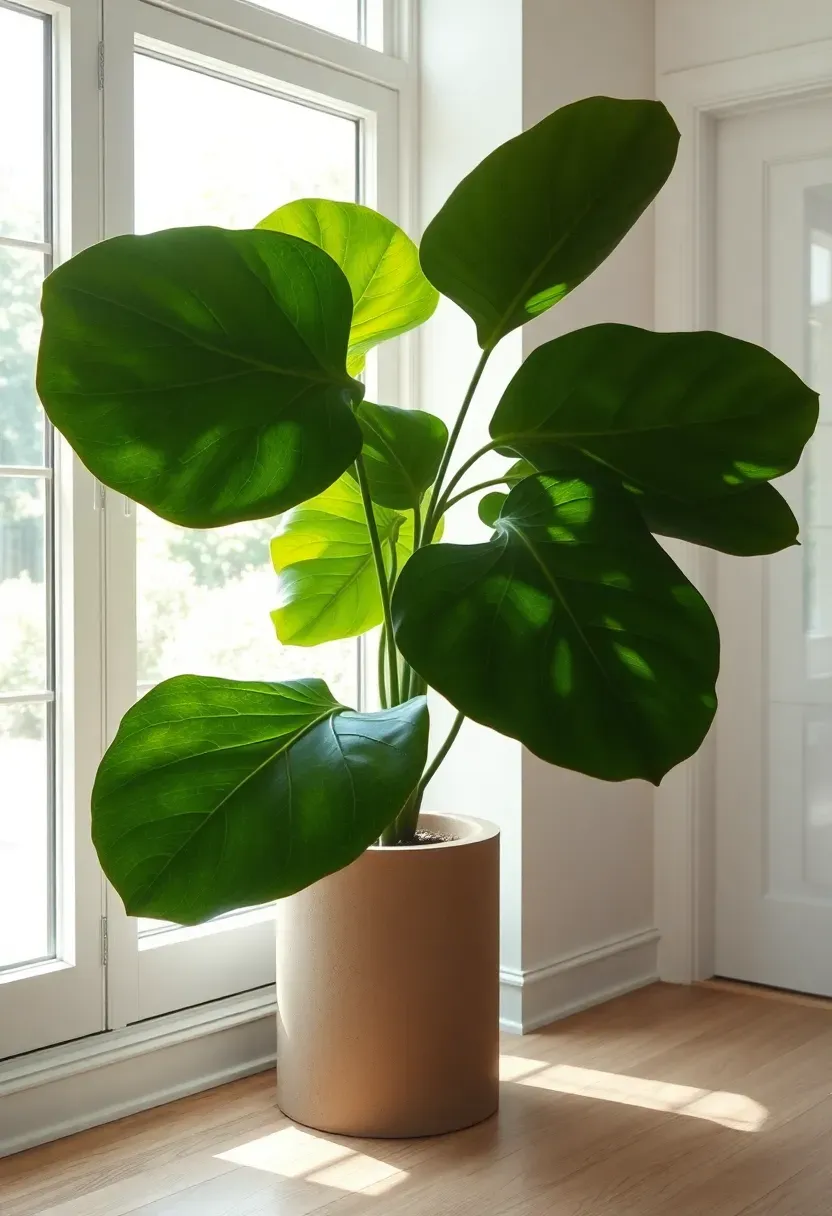 Fiddle-leaf fig in a tall concrete cylindrical planter standing in the corner of a modern sunroom near floor-to-ceiling windows with bright natural light