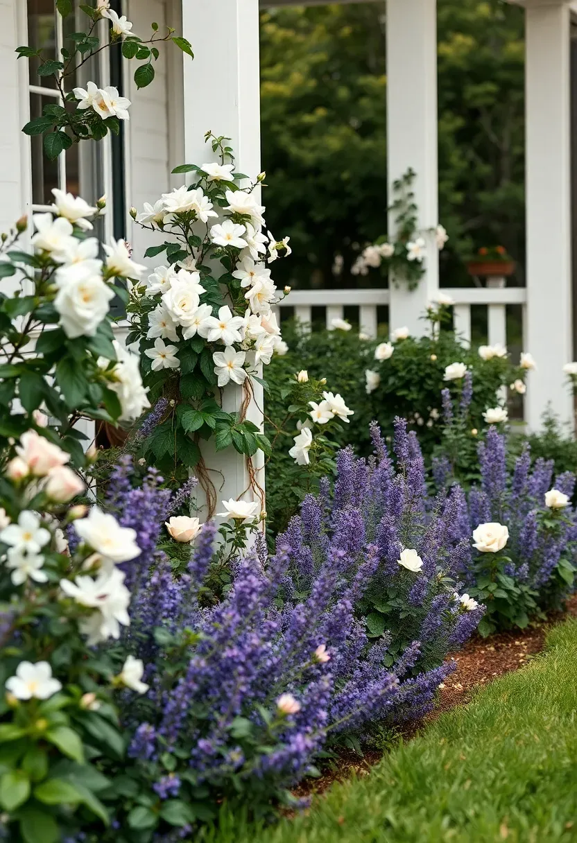 Hyper-realistic 3/4 view of a fragrant sensory front yard garden with gardenias, jasmine climbing porch posts, lavender borders, roses, and mint near pathway with butterfly-attracting blooms visible. Materials: glossy green foliage, white fragrant blooms, purple aromatic herbs. Soft morning light, predominantly white and purple fragrant palette. Plants concentrated near walkway and entrance. Visible traditional front porch. No text, no logos, no watermarks.</p>