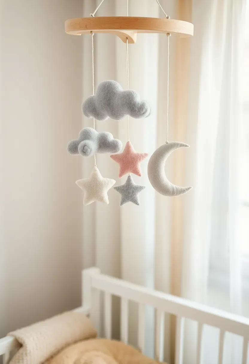 scandinavian style baby mobile with felt shapes hanging above a white cot