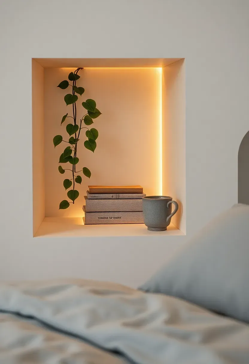 recessed wall alcove with integrated lighting displaying books plants and decor in a modern bedroom