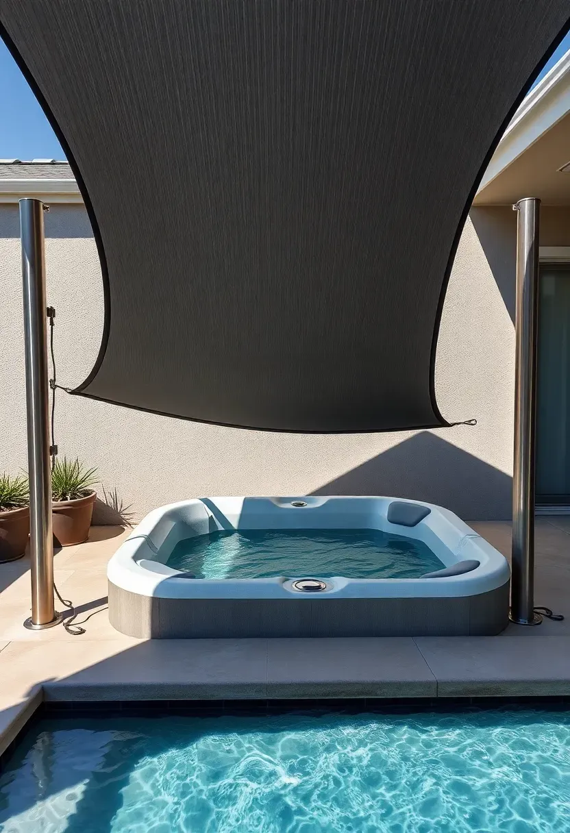 A triangular shade sail in charcoal gray mounted above a hot tub between three tall steel posts in a modern backyard with concrete patio