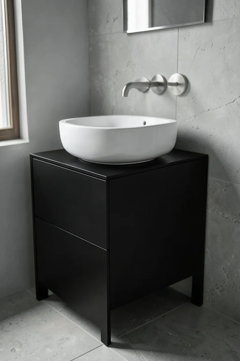 Black sculptural freestanding sink vanity centered in a modern bathroom with white flooring and natural light from a window