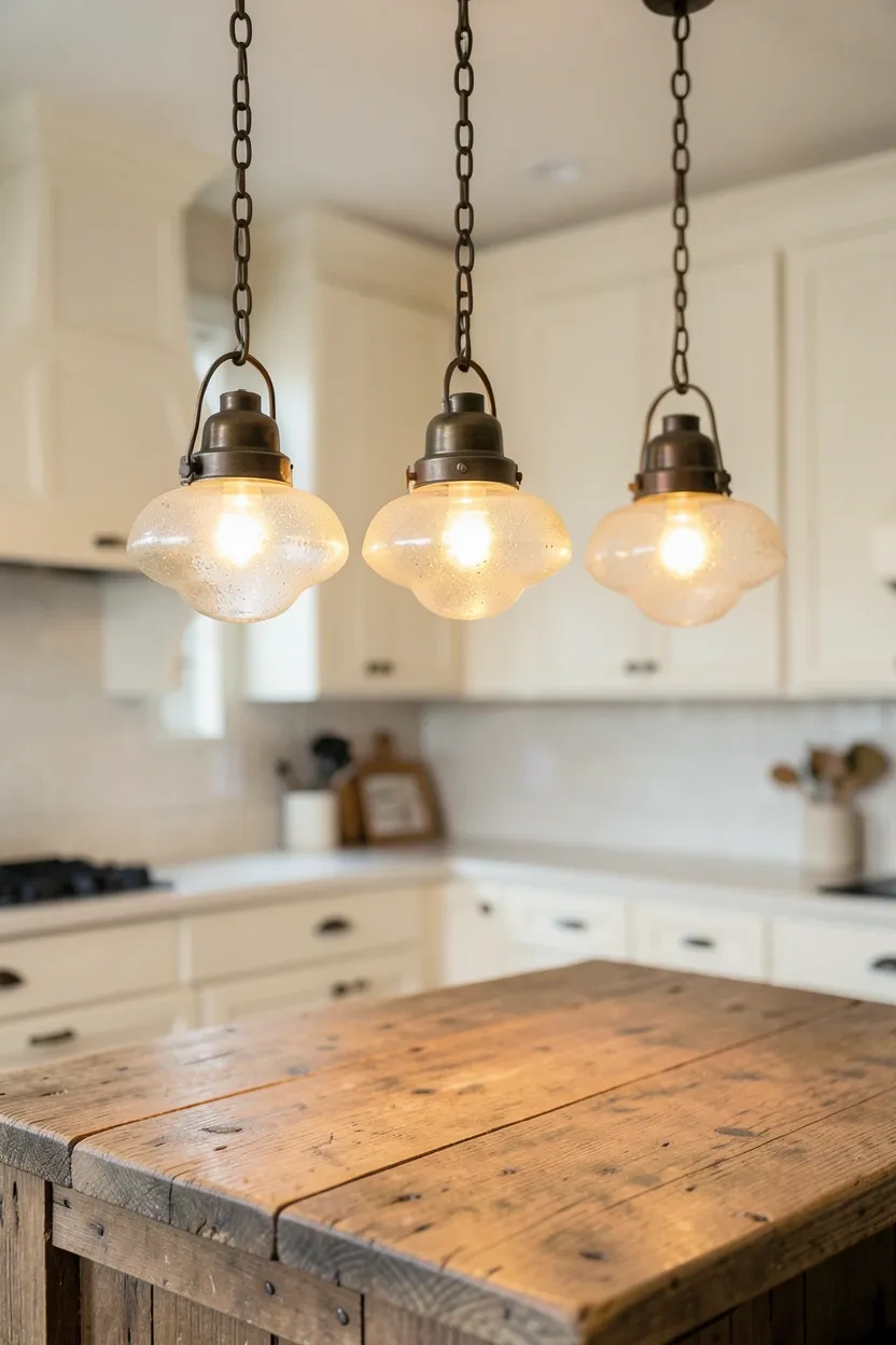 Oil-rubbed bronze farmhouse pendant lights with seeded glass shades hanging over a kitchen island